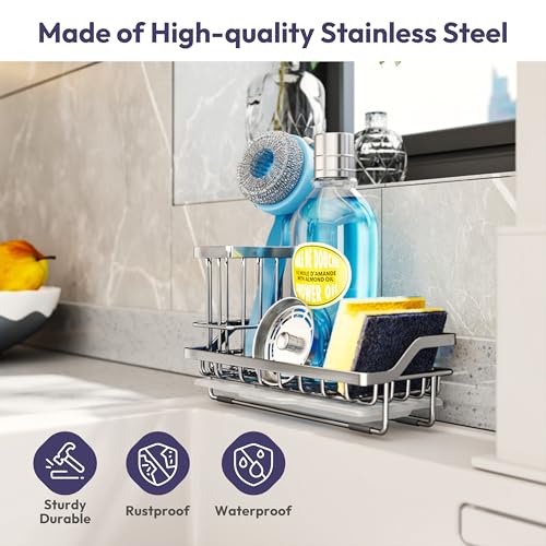 SWTYMIKI Kitchen Sink Caddy Sponge Holder, Kitchen Sink Organzier and Storage with High Brush Holder and Drip Tray for Dish Sponges, Silver - color: Silver, size: Medium