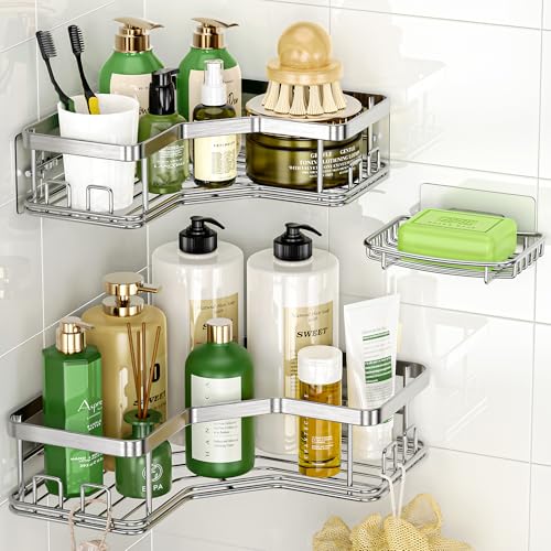 MAXIFFE 3 Pack X-Large Corner Shower Caddy with Soap Holder, Large Capacity Easy Install No Drilling Stainless Steel Sturdy Hold 40 LB Shower Organizer Shelves Rack for Family Renters Bathroom, Silver - color: Silver XL