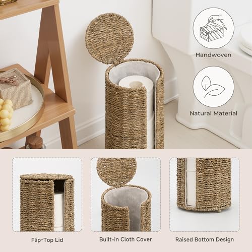 StorageWorks Seagrass Free Standing Toilet Paper Holder Stand for Bathroom, 3 Rolls of Toilet Tissue Storage with a Built-in Cloth Lining, Toilet Roll Holder Stand with Lid - color: Natural（seagrass）, size: 6¾"D(For 3 Roll)