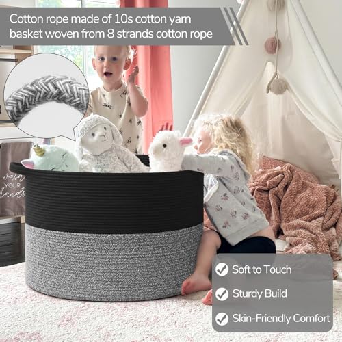 INDRESSME 115L Extra Large Cotton Rope Blanket Basket, Woven Basket for Toy Storage Organizer & Laundry Toy Box for Living Room Area & Nursery Room, Black & Grey - color: Black & Grey, size: 23.6"D x 15.7"H