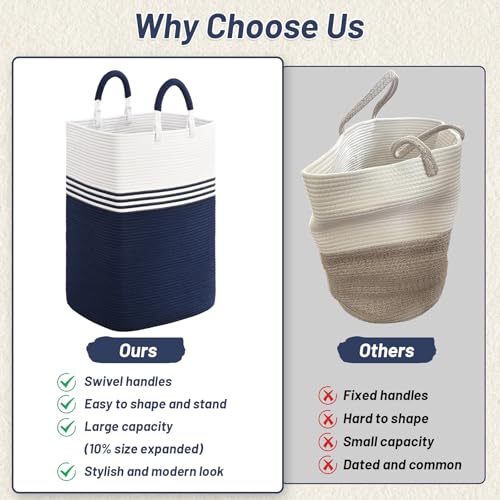 Laundry Basket Hamper,Blanket Storage,Dirty Clothes Hamper with Swivel Handles,Woven Cotton Rope Toy Baskets,Blanket Basket Living Room,Decorative Hampers for Nursery,Bedroom,White & Blue,60L - color: White & Blue, size: 60L