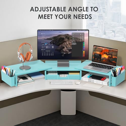 OPNICE Desk Organizers and Accessories, Dual Monitor Stand Riser with Drawer and 2 Pen Holders, Desk Shelf Metal Computer Monitor Stand for Office Workspace Organizers, Desktop Organization (Blue Metal) - color: Blue Metal, size: With drawer and pen holde