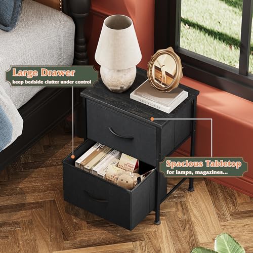WLIVE Black Night Stand, Small Dresser with 2 Drawers & Wooden Top, Nightstand with Fabric Bins, Bedside Table End Table for Bedroom, Closet, Entryway, College Dorm, Charcoal Black - color: Black, size: 11.8"D x 15.7"W x 20.9"H