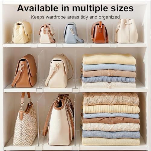 Purse Organizer for Closet Shelf Dividers: 6-inch Tall(Shorter Version) Adjustable Clear Acrylic Bag Storage Organizer for Handbags, Sweaters, Towels, Jeans and Shoes on Wood Shelves 6-Pack - color: Clear:6-pack, size: Small: 6" Tall x 10" Deep