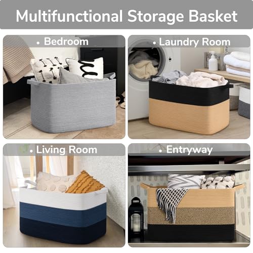 Goodpick 85L Large Woven Blanket Basket 23.6" x 15.7" x 13.8" Cotton Rope Storage Organizer for Dirty Clothes Pillows, Rectangle Toy Storage Basket for Nursery Bedroom, Gray - color: Grey, size: X-Large(23.6"L x 15.7"W x 13.8"H)