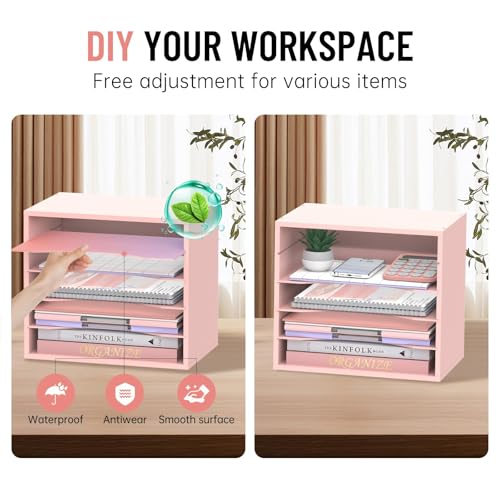 5-Tier Wood Desk Organizer, Paper Tray Organizer for Desk with Adjustable Storage Shelves, Desktop File Organization Paper Sorter Mail Holder for Office Home Classroom, Pink - color: Pink, size: 5 Tier