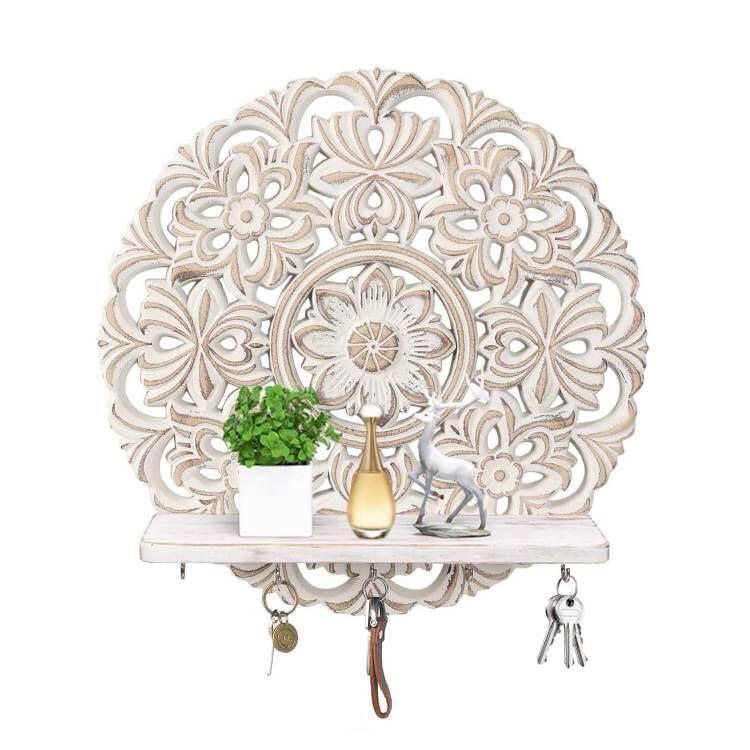 11.6-inch Round Mandala Key Holder for Wall - White Vintage Floral Key Holder with Hooks & Shelf - Farmhouse Decorative Entryway Organizer for Keys, Masks & Mail - Rustic Boho Wall Decor