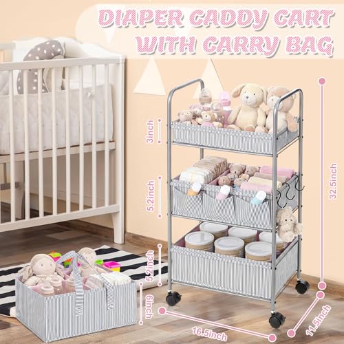 WILLBOND 2 in 1 Baby Diaper Caddy Organizer Cart, 3 Tier Large Stripe Bedside Rolling Cart Metal for Baby Essential with Divider for Newborn Registry Must Have Nursery Bedroom Mother Gift(Pink) - color: Pink