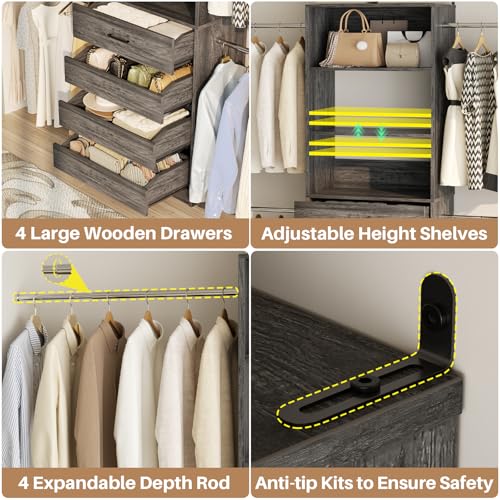 Aheaplus Closet System, 4-9 Ft Closet Organizer with 4 Wooden Drawers, Wood Closet Organizer System with Tower, Walk-in Closet Organizer Wardrobe Clothes Rack with 4 Hanging Rods, Black Oak - color: Black Oak
