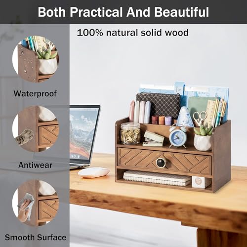 dreampossible Brown Wood Desk Organizer and Accessories with Drawer, Bill Mail Organizer and File Mail Holder for Office Supplies, Desk Accessories & Workspace Organizers - color: Brown