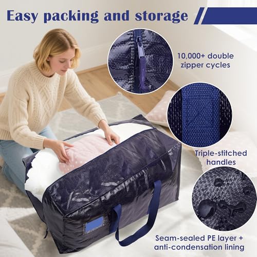 6 Pack Moving Bags Heavy Duty 210GSM with Full-Open Side Zipper, 93L 65lbs Waterproof Foldable Storage Totes for College Dorm Move-In, Moving Boxes Alternative & Home Organization, Blue - color: DarkBlue, size: 6 Pack