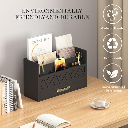 WISUCART Bamboo Mail Organizer Countertop Wood Desk Organizer Drawer Tabletop Storage Box Letter Sorter Makeup Organizer for School Home Office Supplies Black - color: Black