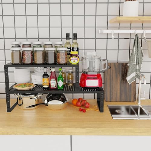 Jojocross Expandable Cabinet Shelf Organizer Storage Spice Rack Shelves for Kitchen Stackable Adjustable Pantry Cupboard Bathroom Countertop Desktop(2Packs/Black/Medium-with Hole) - color: 2 Packs/Black With Hole, size: MEDIUM:7.88"D x 16.6~26.5"W x 6.1"/