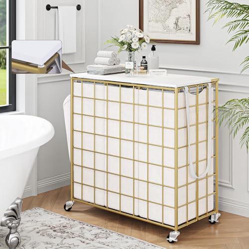Laundry Basket with Wheels, Heavy Duty Laundry Sorter 3 Sections, 140L (37Gal.) Large Capacity Laundry Hamper with Wood Lid, 360 Rolling Wheels, Extra Side Pocket, Leather Pull Handle, Golden - color: Golden, size: 140L