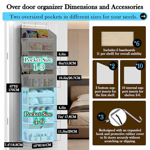 PAULONE 1 Pack Heavy Duty Over the Door Organizer, 6 Large + 12 Mesh Pockets with 89 lbs Capacity, Space-Saving Hanging Storage for Shoes, Toys, Bedroom & Closet (6-Layer Off-White) - color: 6-Layer Off-White