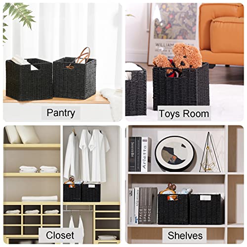 Vagusicc Storage Basket, Set of 2 Hand-Woven Storage Baskets for Organizing with Handles, Foldable Cube Storage Baskets Bins Organizer, 13 inch Large Wicker Baskets for Shelves & Decor, Black - color: Black, size: 13'' x 13'' x 13''