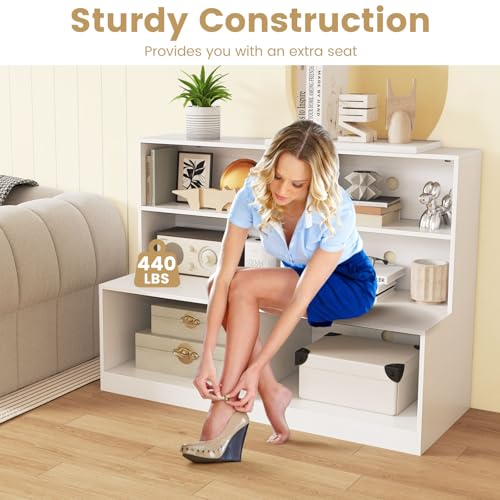 Giantex Storage Bench with Shelf, 3-Tier Entryway Storage Cabinet w/Seat, 2-in-1 Shoe Bench w/Bookshelf, Anti-tip Kits, Modern Style 6-Cube Organizer for Living Room, Study, Hallway, White