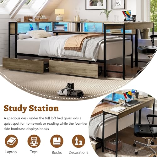 HRVEOCEI Corner Bed Frame Twin with Storage Bookshelf & Desk, U-Shaped Daybed Frame with 2 Drawers, Metal Corner Beds with Charging Station & LED Lights for Bedroom, Flip Left or Right (Grey, Twin) - color: Grey, size: Twin