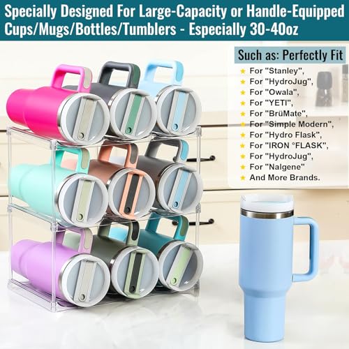Design for Stanley 40 OZ & Large Bottles & Tumblers with Handle, Acrylic Water Bottle Organizer - Stackable Clear Wine Rack, Cup Holder for Home Kitchen Pantry Shelf Countertop Cabinet, 3 Tier Hold 9 - size: 3 Tier for 9