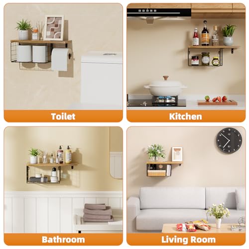 VITVITI Toilet Paper Holder with Shelf, Wall Mounted Toilet Paper Storage Basket, Wood Metal Toilet Roll and Wipes Holder for Bathroom Farmhouse (Brown) - color: Brown
