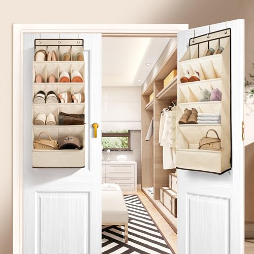 FENTEC 1 Pack Over the Door Shoe Organizers, Hanging Shoe Organizer with Large Deep Pocket Shoe Holder for Closet Shoes Rack for Wall, Over Door Shoe Storage Hold up to 18 Pairs Shoes, Beige - color: BEIGE-(18+ Pairs), size: 1 Pack