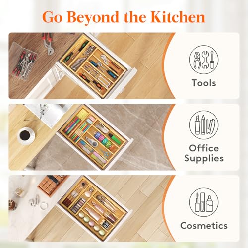 Lifewit Silverware Drawer Organizer, Utensil Tray for Kitchen, Flatware and Cutlery Holder, Storage for Spoons Forks Knives, 25 x 39cm, Natural - size: 9.9''W x 15.5''D