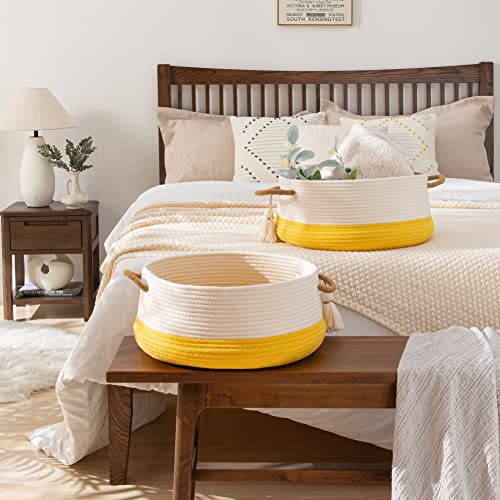 KAKAMAY Woven Baskets for Storage(16"x8"),Blanket Basket for Organizing Living Room,Cotton Rope Basket Woven Baby Laundry Hamper,Collapsible Laundry Room Organization,Clothes,Toy Chest(Yellow) - color: Yellow