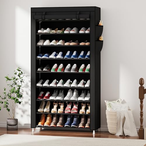 Laiensia 9-Tier Vertical Shoe Rack Organizer, Space Saving Shoe Storage Organizer, Non-Woven Cover Shoe Shelf Holds 36-45 Pairs for Bedroom, Hallway, Closet Entryway, Black - color: Black, size: 9-tier