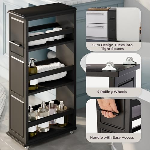 Lavish Home 3-Tier Slim Rolling Storage Cart - 16.7” x 9” Narrow Rolling Cart with Handle and Wheels for Bathroom, Laundry Room, and Kitchen Organization - Pull-Out Home Organizers (Black) - color: Black, size: 16.7”W x 9”D
