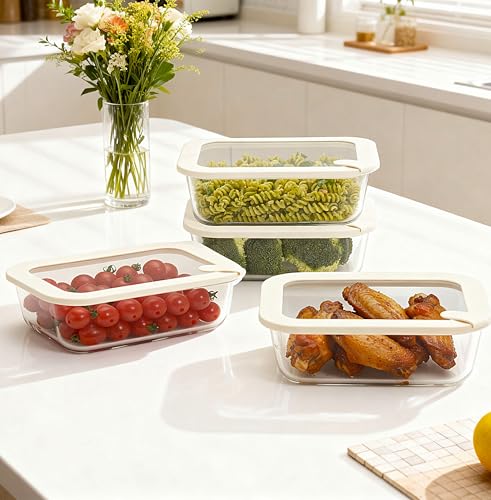 Urban Green Glass Food Storage Containers with Glass Lids, Microwave Safe Food Container Set, Airtight Food Container Set, LeakProof, 100% Plastic Free, White Color, 4pack - color: ‎Ivory White -4s