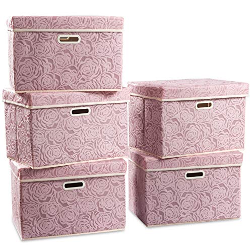 PRANDOM Large Foldable Storage Boxes with Lids [5-Pack] Fabric Decorative Storage Bin Cubes Organizer Containers Baskets with Cover Handles for Bedroom Closet Nursery Pink 17.7x11.8x11.8 Inch - color: Pink, size: Large(5-Pack)