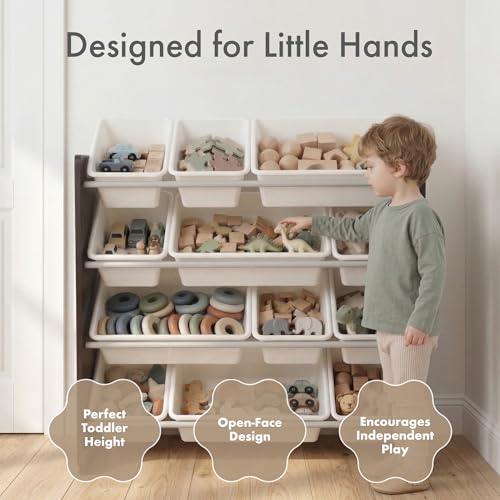 Humble Crew Toy Storage Organizer with 12 Removable Storage Bins for Kids Playroom, 4-Tier Toddler Toy Organization, Espresso/White - color: Espresso/White