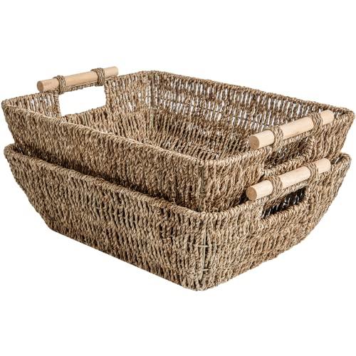 StorageWorks Hand-Woven Jumbo Storage Baskets with Wooden Handles, Seagrass Wicker Baskets for Organizing, 2-Pack - color: Natural(Seagrass), size: Large