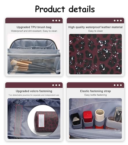BOYATU Travel Makeup Bags Organizer for Women: 3 Pcs Set Cosmetic Bag - Large Make up Bag with Compartments - Flat Open Waterproof Leather Toiletry Bags for Skincare, Brushes & Travel Essentials - Red - color: 10-Red