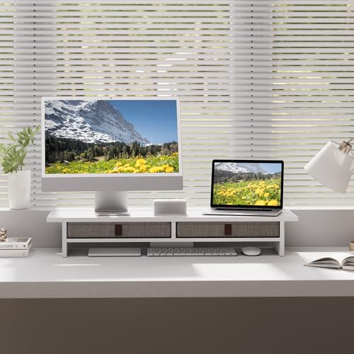 Fenge Monitor Stand with Drawer, 2 Tiers Dual Monitor Riser for Desk, 35 Inch Computer Stand for 2 Monitors, Desk Shelf for Home, Office, Laptop, PC, TV, Printer - color: White