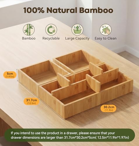 KOCWELL Bamboo Desk Drawer Organizer with Removable Dividers,Multi-Use Office Drawer Organizer Tray,Junk Drawer Organizers for Office,School,Kitchen,Makeup Supply（Original） - color: Original