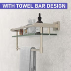 16-Inch Modern Glass Shelf with Towel Bar, 1-Shelf, Brushed Nickel Finish, Wall Mount, Bathroom Organizer - color: Brushed Nickel, size: 16-inch with Railing