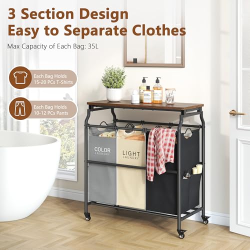 Hoctieon 3 Section Laundry Sorter Cart with Ironing Board, Laundry Hamper Basket with Shelf and Wheels, Heavy Duty Clothes Organizer, Large Clothes Separator with Removable Bags, Black+Gray+Beige - color: Black+gray+beige