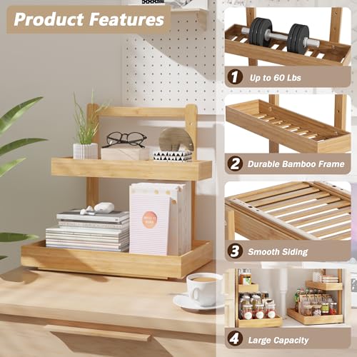 Bamboo Under Sink Organizer and Storage, 2 Tier Pull Out Cabinet Organizer, Slide Out Under Sink Storage Shelf, Undersink Organizers Shelves for Kitchen Bathroom Organization (Nature, 1 Pack)