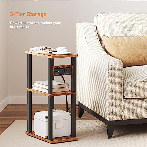 TUTOTAK Small Narrow Side Table with Charging Station, Set of 2 Skinny End Table for Small Spaces, Slim Nightstand with USB Ports and Outlet,Sofa Beside Table with Wheels, Brown TB01BB047 - color: Brown, size: 2 PC, style: With Plug