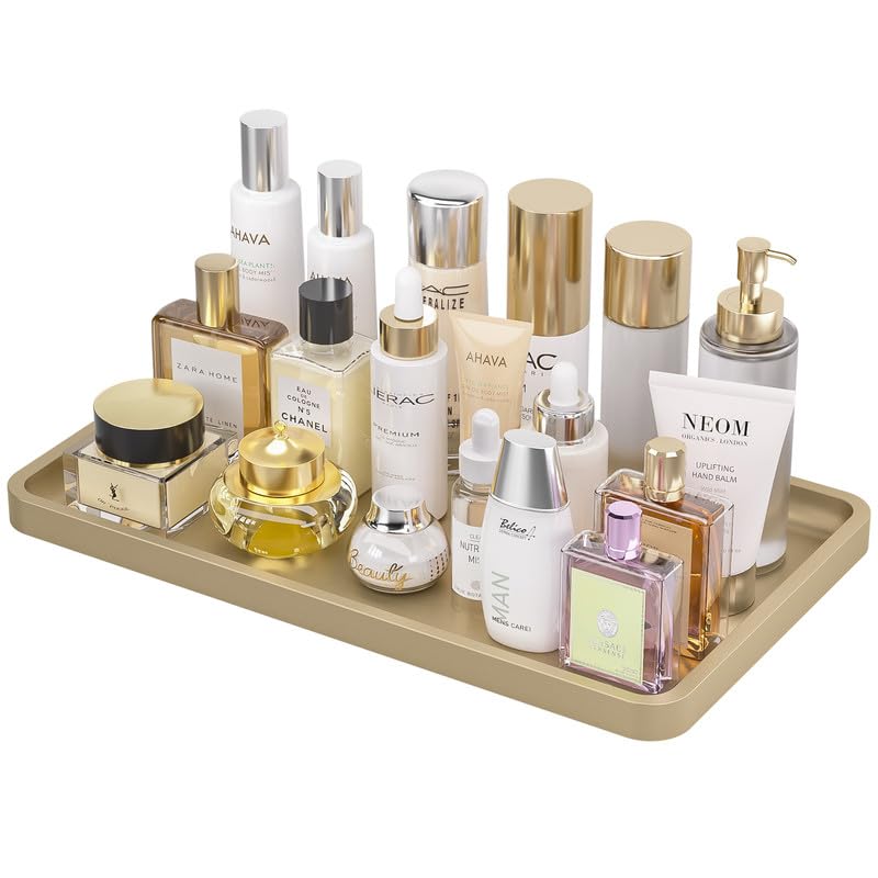 Weenson Gold Bathroom Vanity Tray for Countertop Decor Perfume Makeup Toiletries Toilet Tank, Large Bamboo Kitchen Tray for Spice Salt, Serving Tray for Food Coffee, Nightstand Candle 14.2”x8.3” - color: Gold, size: 14.2" x 8.3" x 0.8"