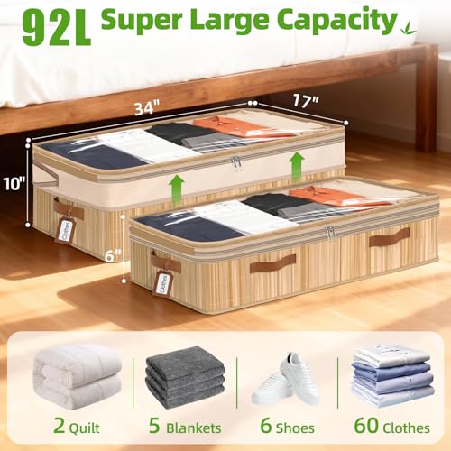 Livole Bamboo Under Bed Storage, 6-10 inches Height Adjustable Underbed Storage Containers, 92L XXXL Large Under Bed Storage Bins with Clear Lid & Label for Clothes, Blankets, Sweater, Shoes, 1 Pack - size: Expandable - 10"H