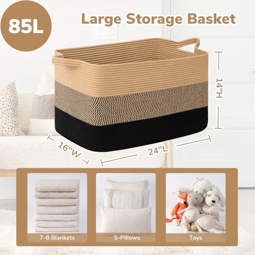 Goodpick Large Woven Blanket Basket 23.6" x 15.7" x 13.8" Cotton Rope Storage Organizer for Dirty Clothes Pillows Toys, Rectangle Wicker Laundry Basket with Handles, Black & Jute Mix - color: Black Jute, size: X-Large(23.6"L x 15.7"W x 13.8"H)
