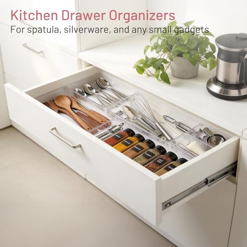12 Pack Large Drawer Organizer Bins - Clear Plastic Bathroom Drawer Organizer Trays - Heavy Duty Kitchen Drawer Dividers for Utensils - Non-Slip Storage Bins for Makeup, Bedroom, Office Desk - size: 12 Pack