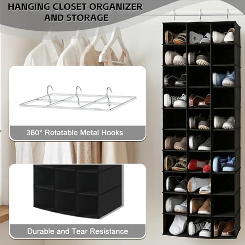 coastal rose Hanging Shoe Organizer for Closet, 30 Sections Hanging Closet Organizers and Storage Shelves, Space Saving Hanging Shoe Storage, Black, 17''W×11.5''Dx 48''H - color: Black