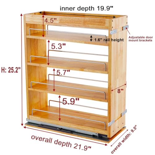OCG 4 Tier Pull Out Spice Rack Holder Shelves (8" W x 22" D), spice organization for cabinet Storage Organization, pull out spice racks for inside cabinets - size: 8" W x 22" D Wood (4 tier)