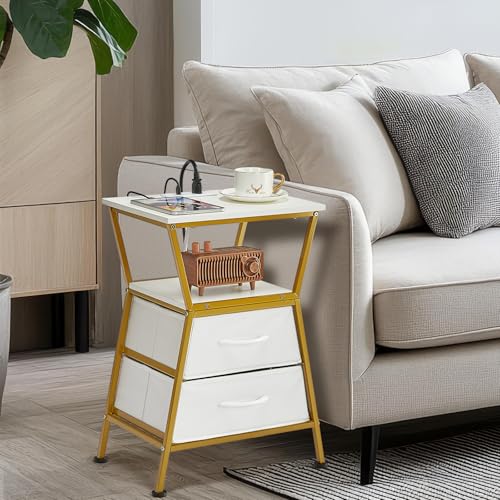 Nightstand with Charging Station, Side Tables for Bedroom with Built-in USB Side Table with 2 USB Ports and Outlets Nightstand with Cloth Drawer End Tables Living Room Sofa Couch - color: White Gold With Socket