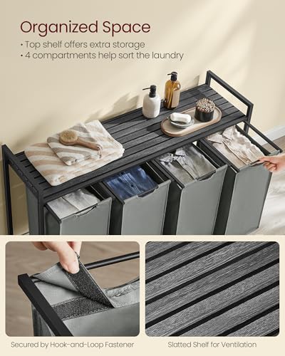 VASAGLE Laundry Hamper, Laundry Basket, Laundry Sorter with 4 Pull-Out and Removable Bags, Shelf, Metal Frame, 4 x 10.6 Gallons (40 L), 45.7 x 13 x 28.4 Inches, Slate Gray and Charcoal Gray UBLH401G01 - color: Slate Gray + Charcoal Gray, size: 4 Bags - 16