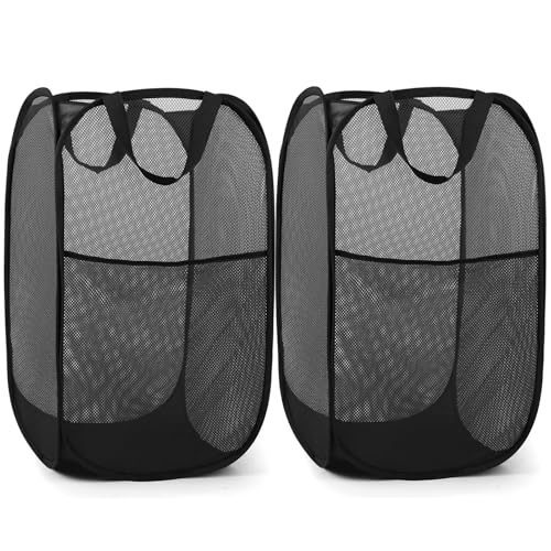 2 Pack Durable Collapsible Laundry Baskets - Reinforced Mesh Pop Up Laundry Hamper with Pocket, Foldable Dirty Clothes Hamper with Carry Handles for Laundry, Bathroom, Kids Room, Dorm or Travel Black - color: 2 x Black, size: Pop Vertical