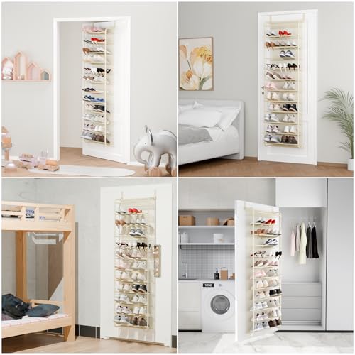 Whitmor 36 Pair Over The Door Shoe Organizer, 12 Tier Hanging Shoe Organizer, Heavy Duty Metal & Mesh Shoe Holder, Hanging Shoe Rack for Closet Organizer & Storage, 69"L x 21.7"W x 7.5"H, Beige - color: Beige, size: Shoe Rack